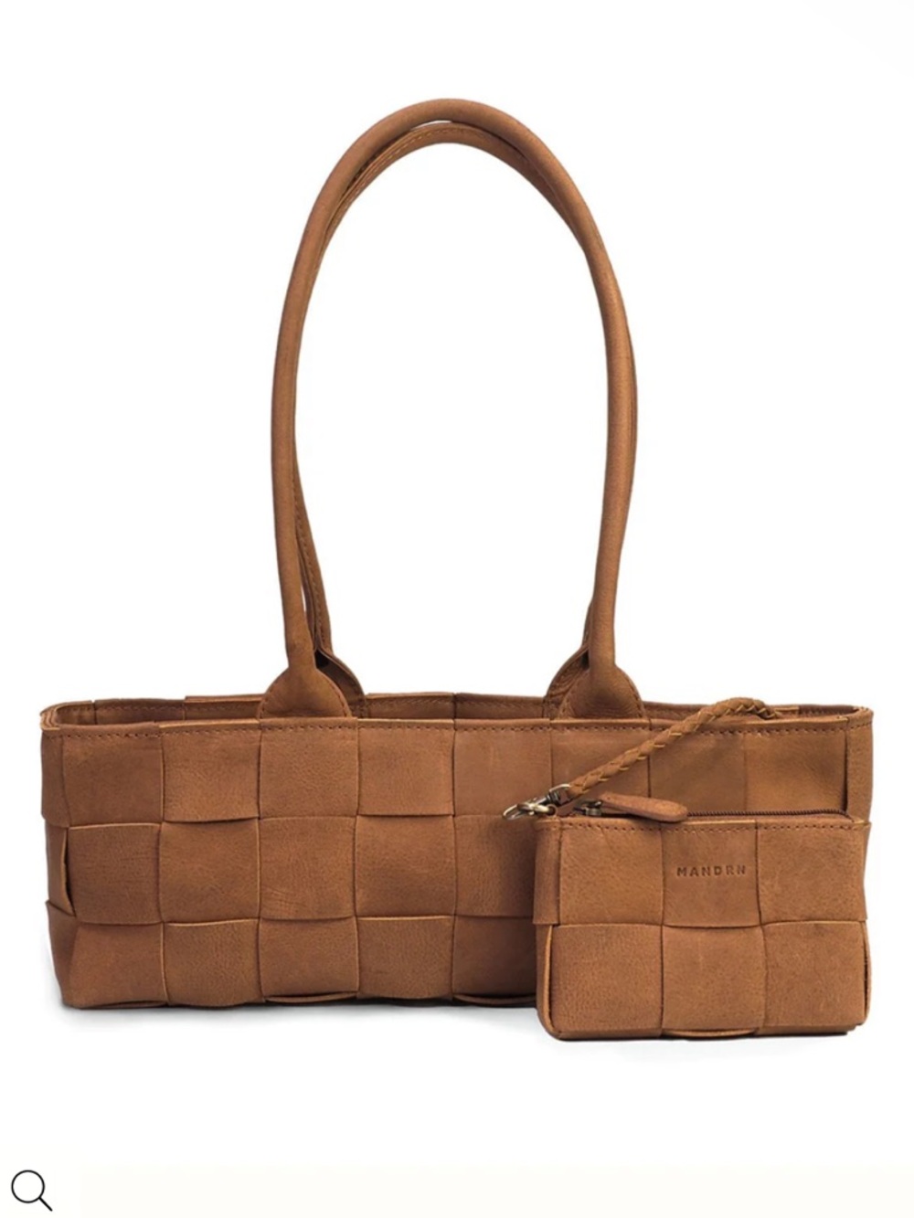 MANDRN ROSALIE Tan Woven Leather Tote with Pouch.